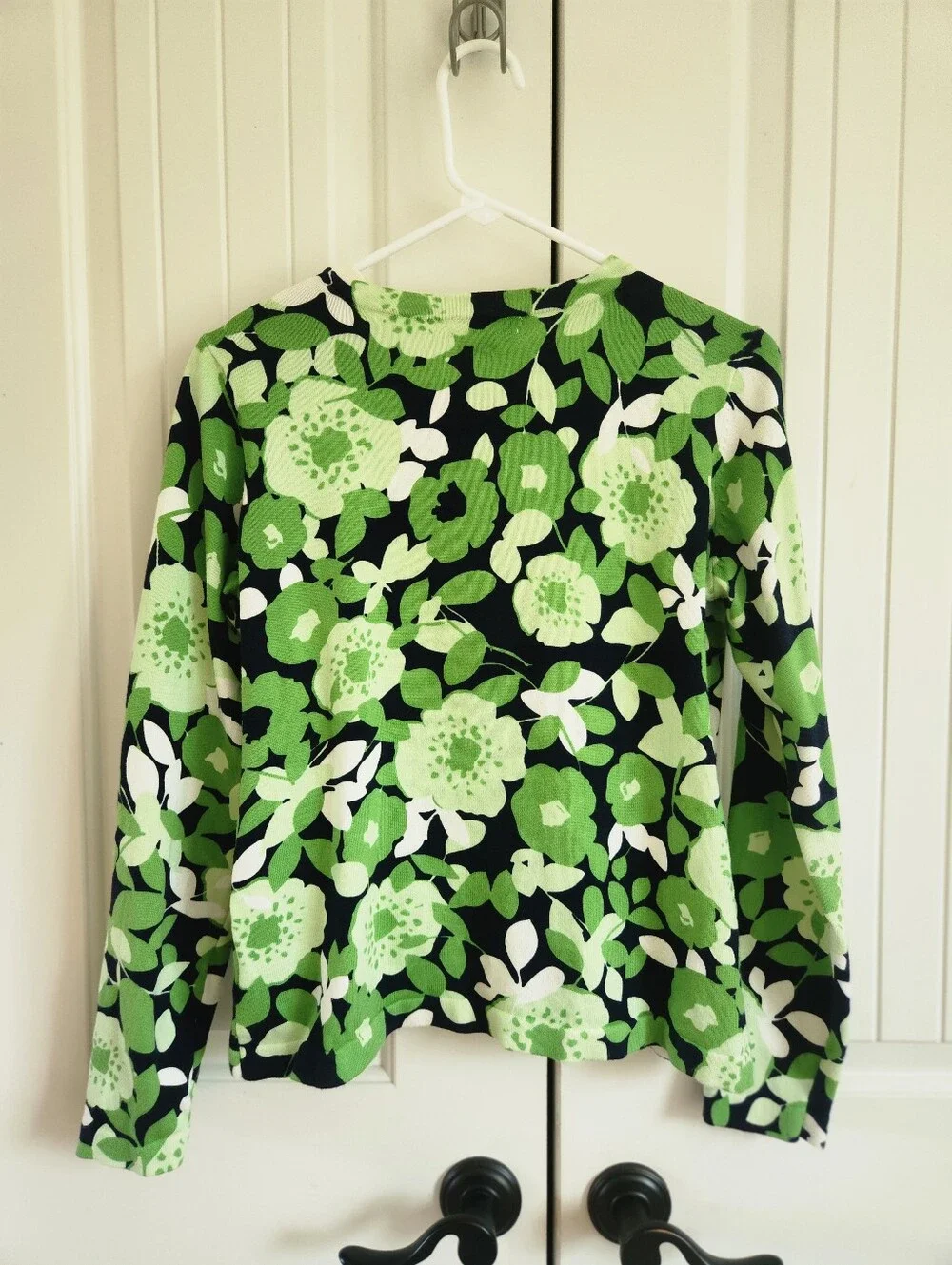 Charter Club Green & Black Cardigan Flower & Leaf, Size-Marked as PS but is PM